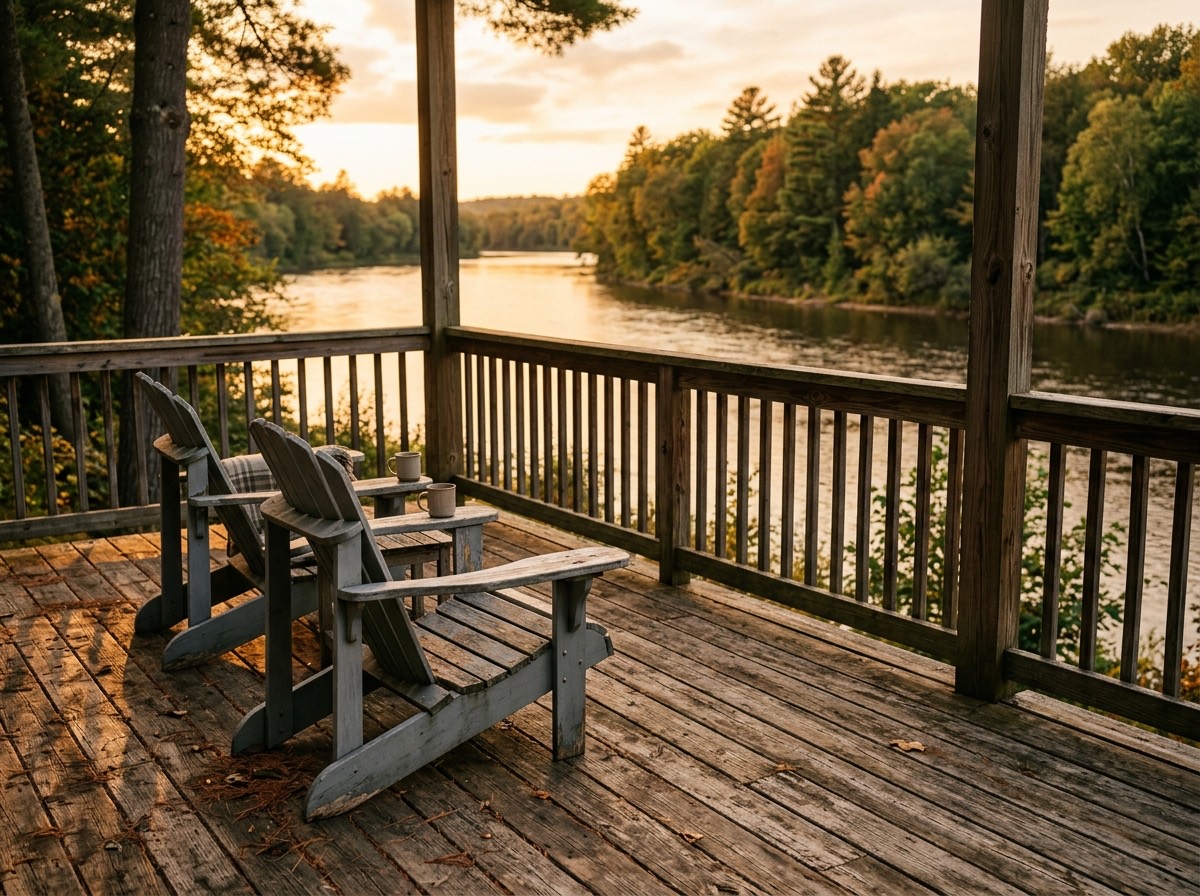 A pair of Adirondack chairs on the back deck at 8 Riverbend Way, the Hudson River beyond