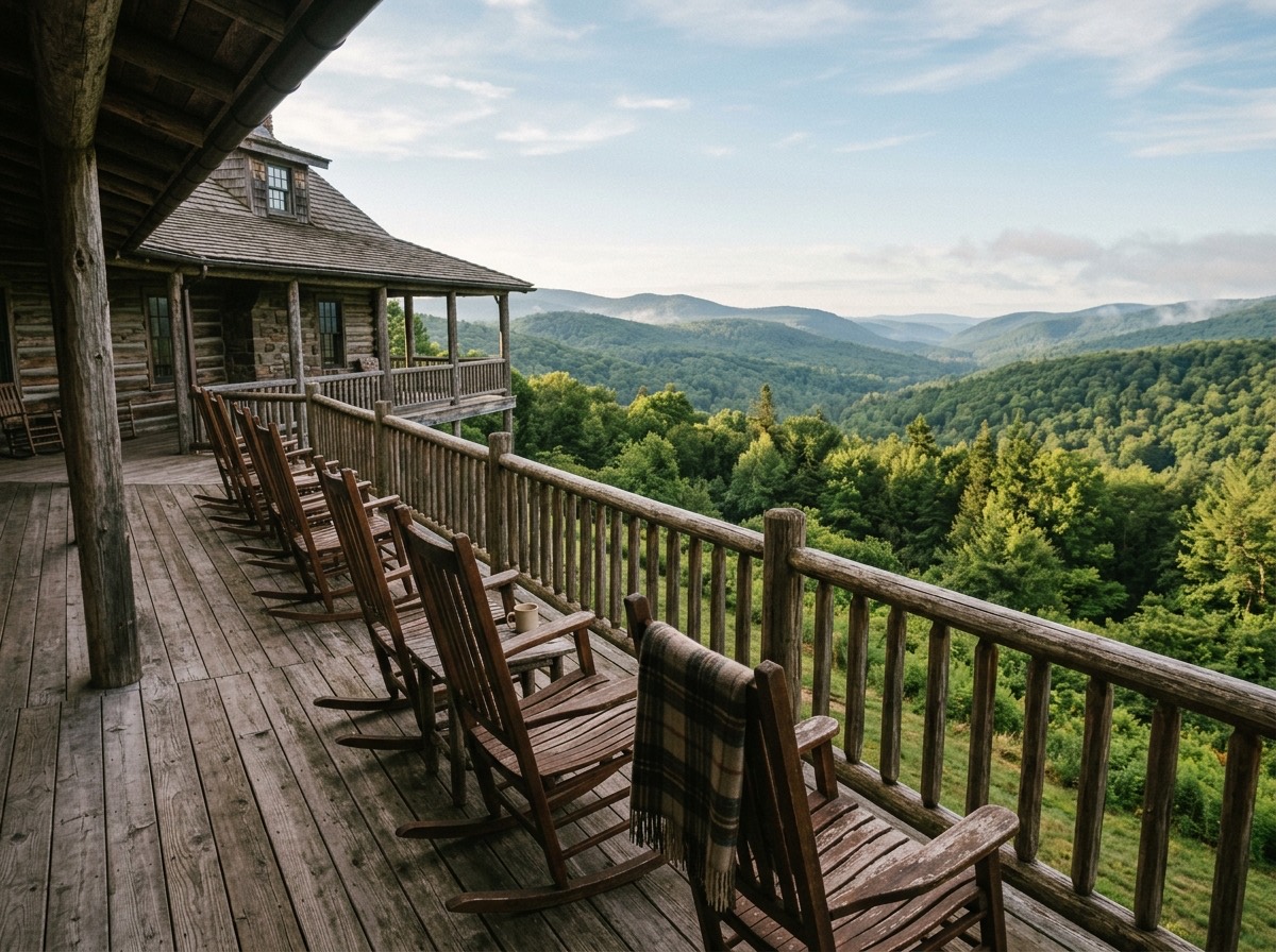The wraparound porch lined with rocking chairs overlooking forest and valley
