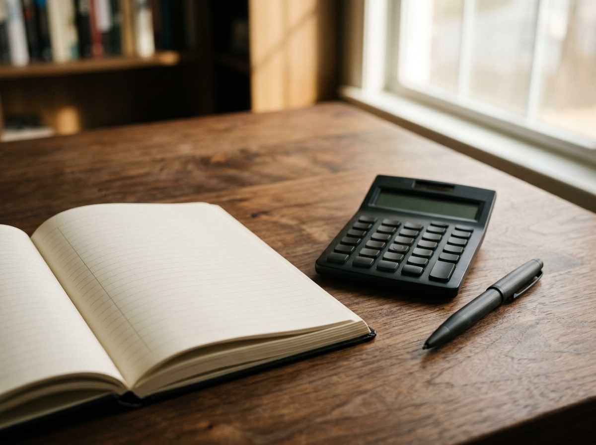 Close-up of a calculator, pen, and ledger open on a wooden desk