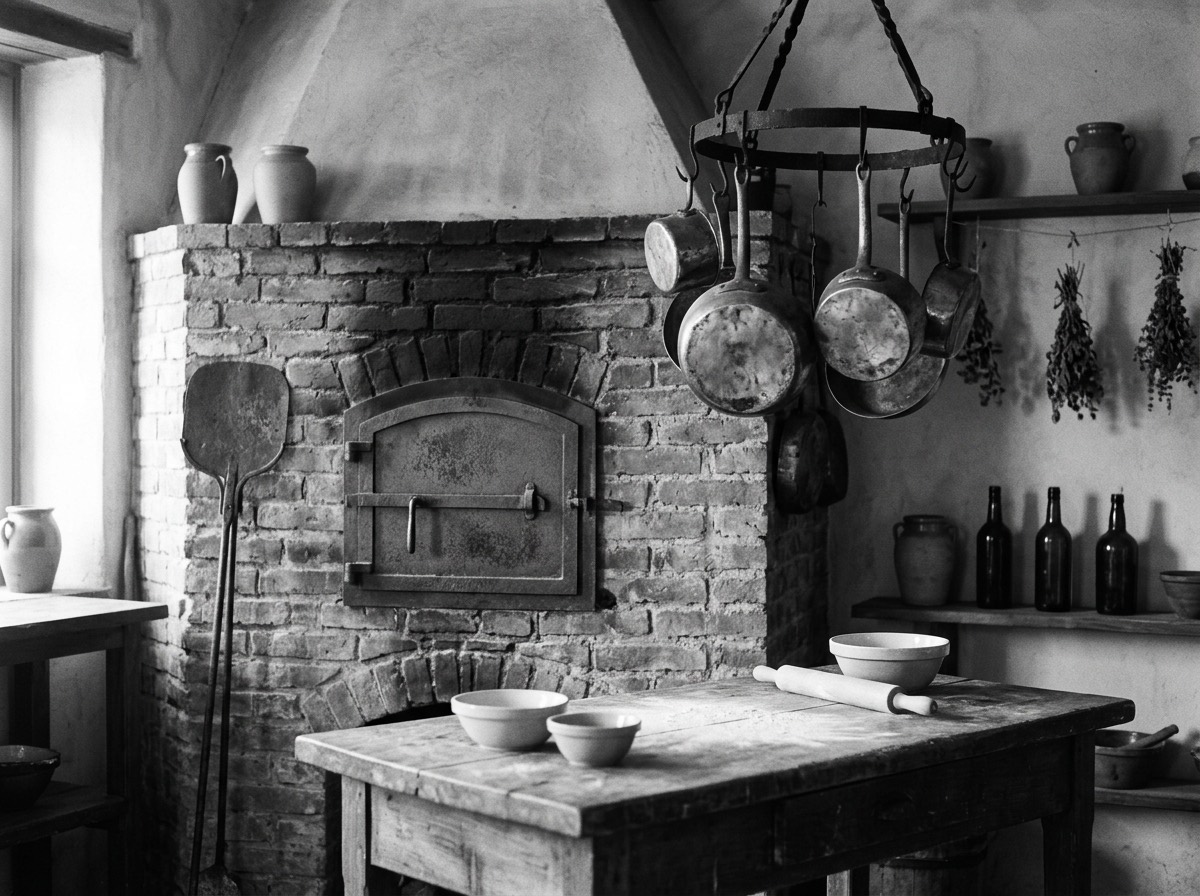 Vintage photograph of Ferro's Trattoria kitchen from the 1960s with original wood-fired oven