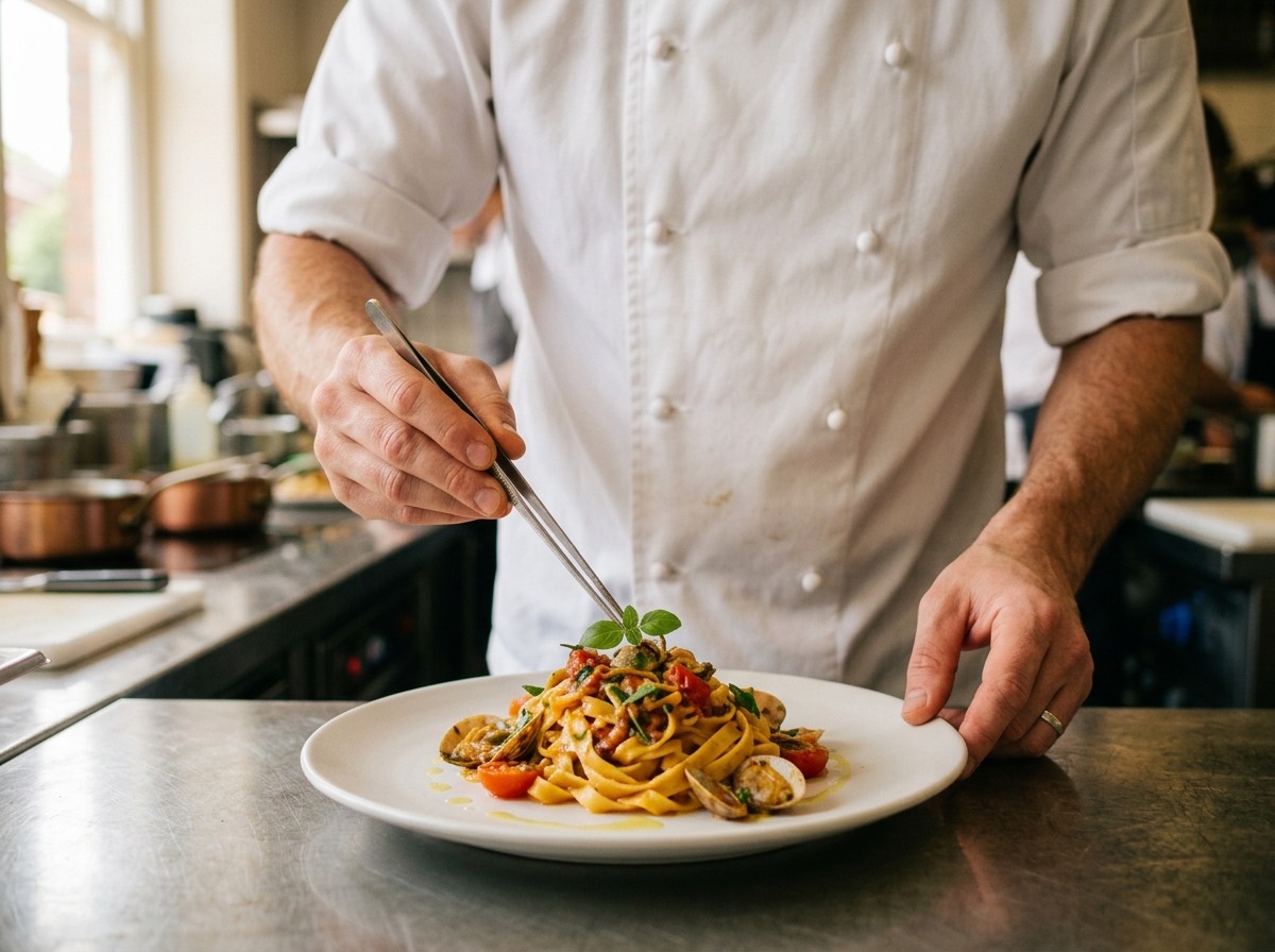 Chef in the open kitchen plating a dish with precision and care