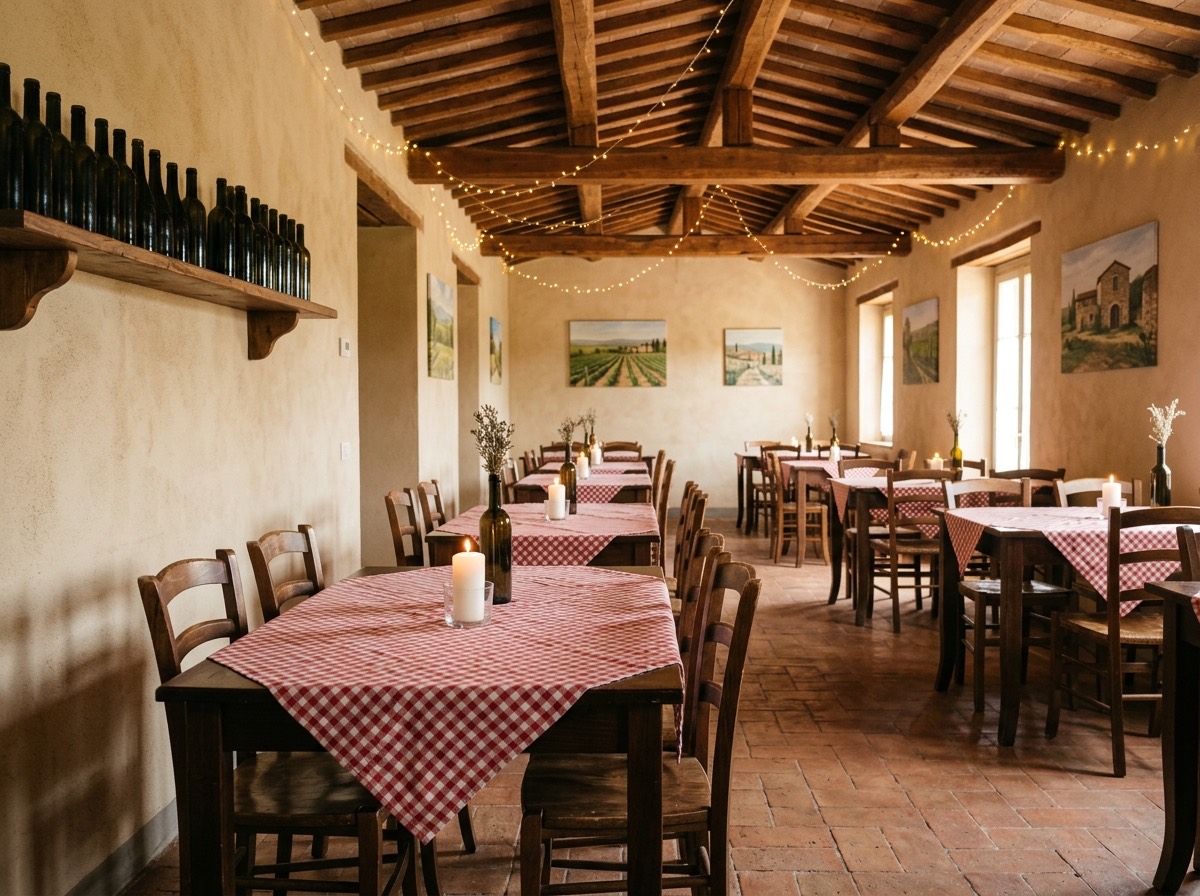 Warm dining room at Ferro's Trattoria with red-checkered tablecloths and candlelit tables