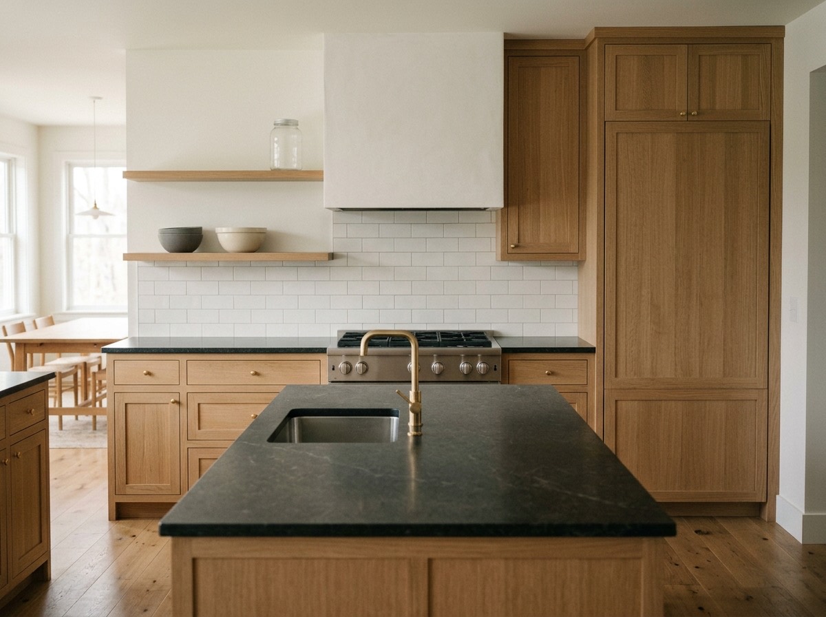 A finished kitchen with custom white oak cabinetry and a honed granite island