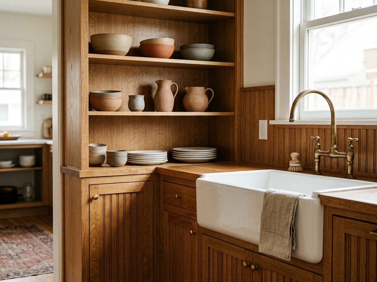 Custom built-in shelving and a farmhouse sink installed in a renovated kitchen