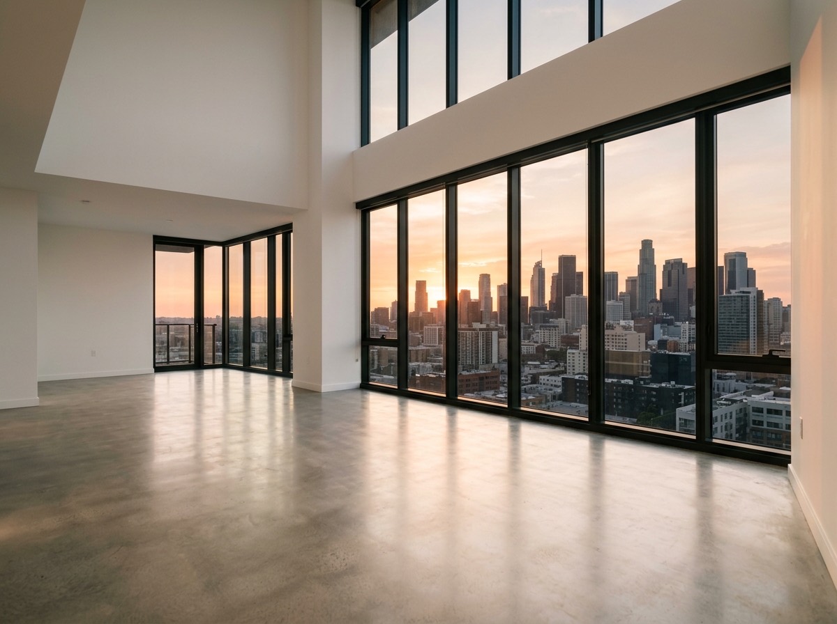 Floor-to-ceiling windows framing the downtown Austin skyline at sunset