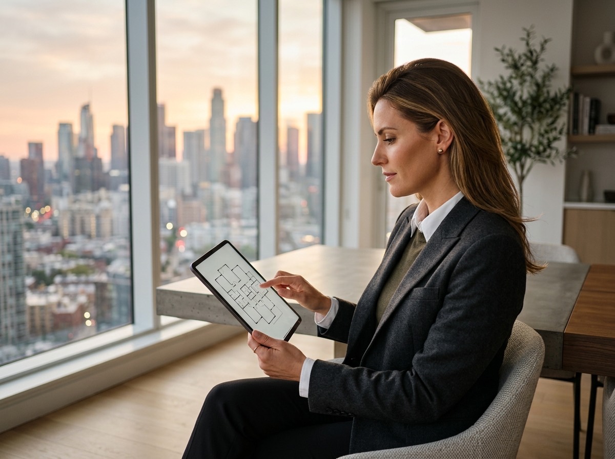 A Harlowe & Finch agent reviewing floor plans on a tablet in front of a floor-to-ceiling window overlooking downtown Austin