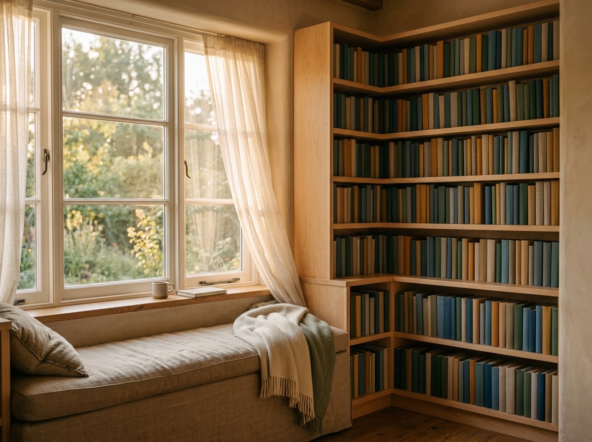 A quiet reading nook with bookshelves and soft afternoon light through gauze curtains