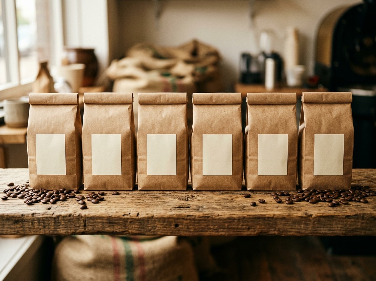 Bags of fresh-roasted Millbrook coffee lined up on a shelf with hand-labeled roast dates