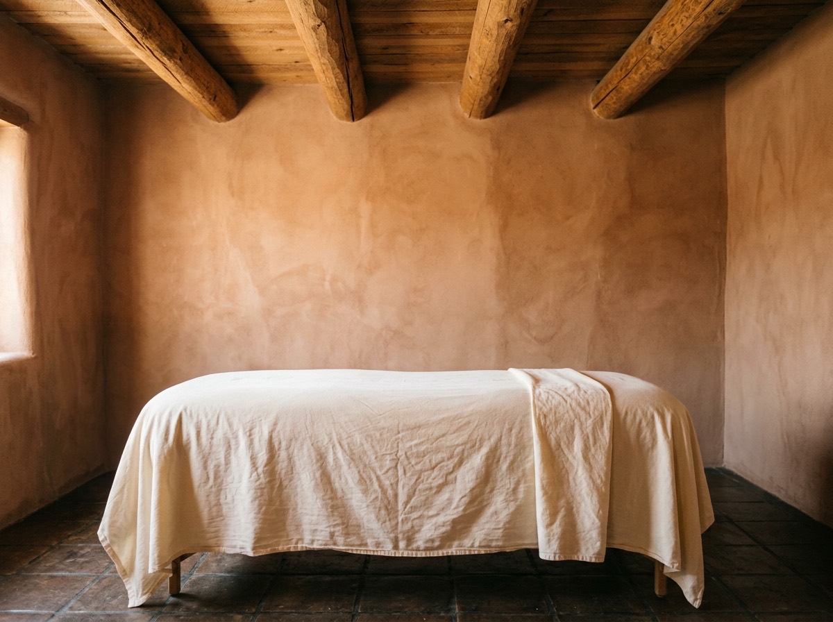 A massage table draped in warm linen beneath an exposed viga wood-beam ceiling